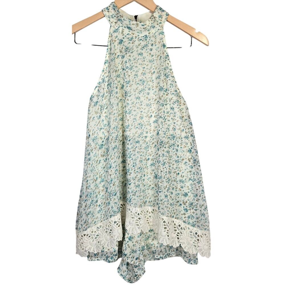 Judith March Floral Lace Trim Halter Romper Shorts Blue White M